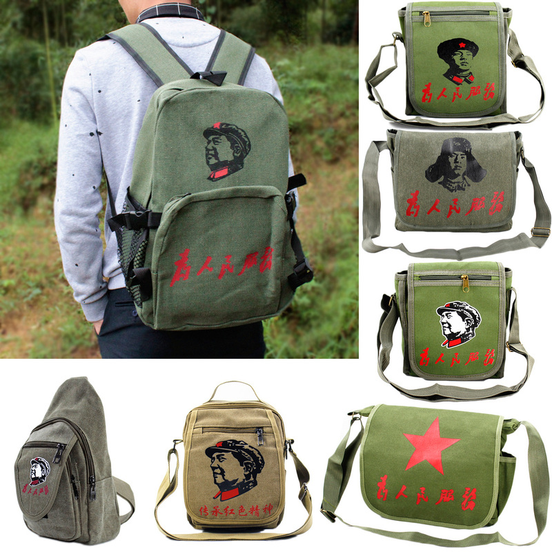 Nostalgic Old Schoolbag Shoulder Bag Men's Crossbody Chest Bag Chairman Canvas Crossbody Small Backpack Serving the People Five Stars
