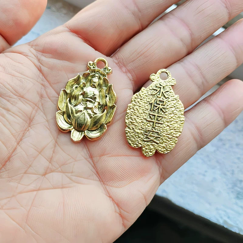 白铜藏银莲花观音佛小挂件实心铜雕坐莲观世音佛像铜牌吊坠钥匙扣