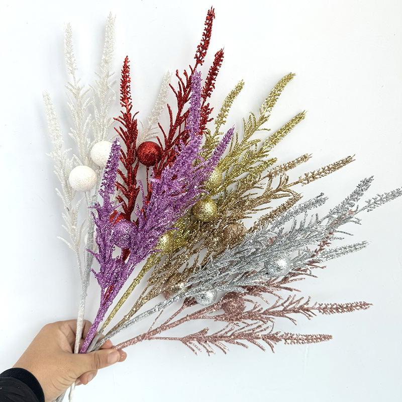 American-Style Artificial Pine Needle Gold Glitter Pine Needle Berry Handmade Ornament Christmas Tree Hanging Decoration 50cm Pistachio