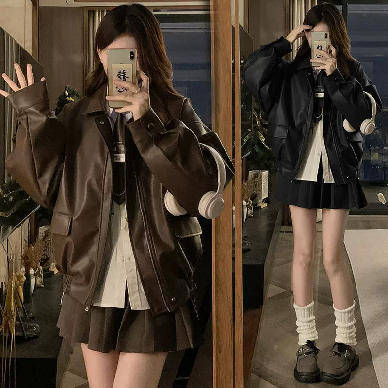 安可拉红皮衣短外套女学生2025春秋新款美式复古棒球服皮夹克上衣