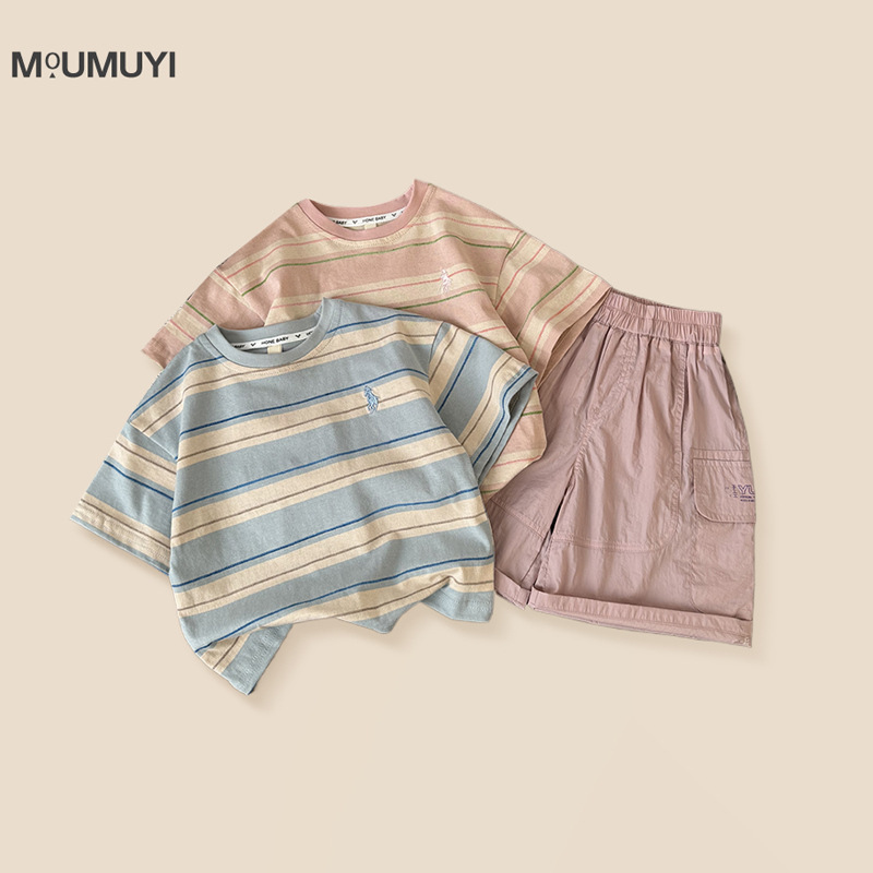 Boys' Summer Outfit 2026 New Children's Korean Style Striped Short-Sleeve Casual Shorts Two-Piece Set Thin Trendy