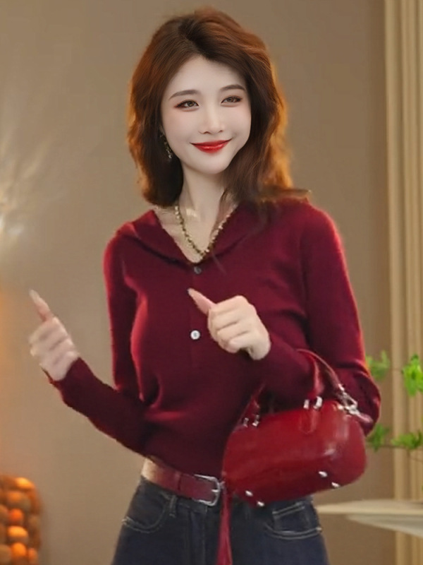 安可拉红针织织衫女2025秋季洋气时尚休闲减龄连帽上衣女新款7208|undefined