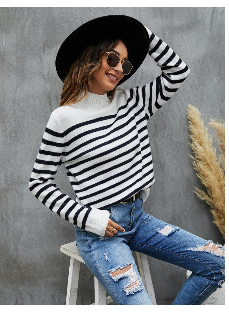 striped loose long-sleeved stand collar pullover sweater nihaostyles clothing wholesale NSYH86776