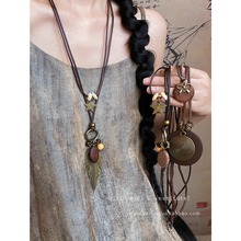 新中式禅意古铜羽毛项链复古波西米亚民族风双层叠戴长款毛衣链女
