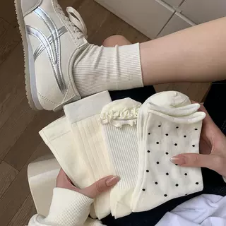 白色袜子女春夏中筒袜韩系百搭堆堆袜诸暨长袜波点木耳边月子袜