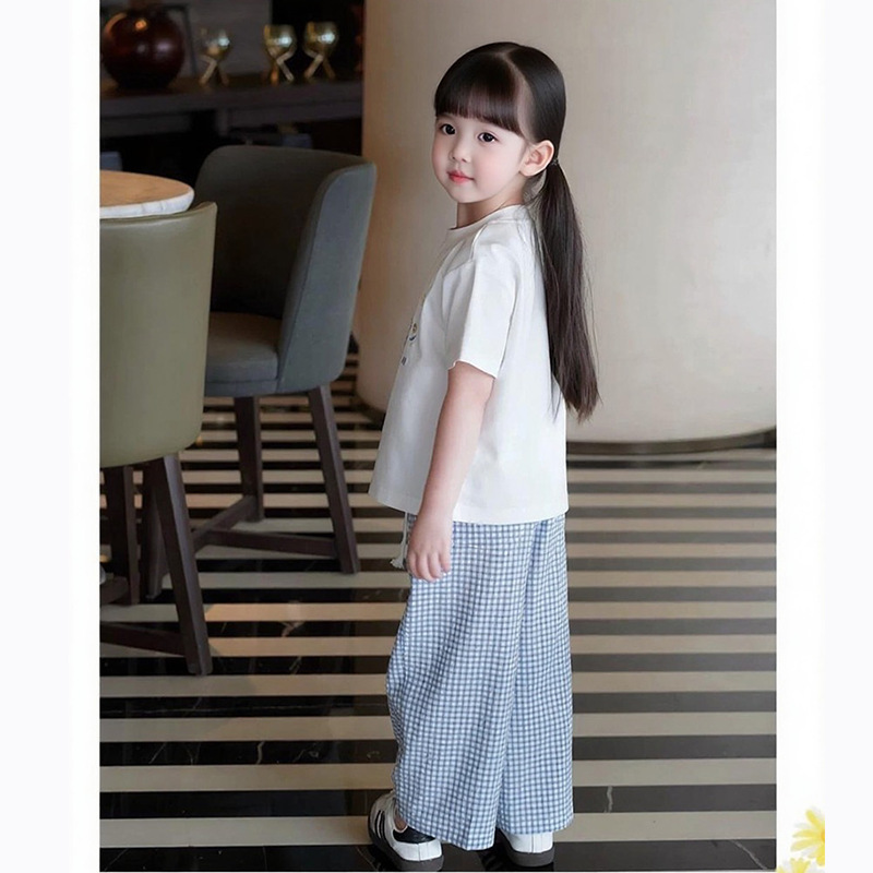 童装夏季新款蓝色清新小众女童纯棉轻薄格子阔腿裤套装2025|undefined