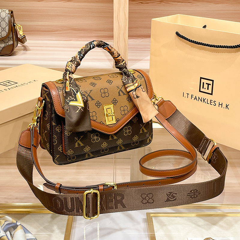 Túi đeo chéo nữ da thật dáng vuông nhỏ dung tích lớn họa tiết monogram — Cà phê/vàng đặc biệt, Cà phê/nâu, Màu kaki, Màu kaki 502