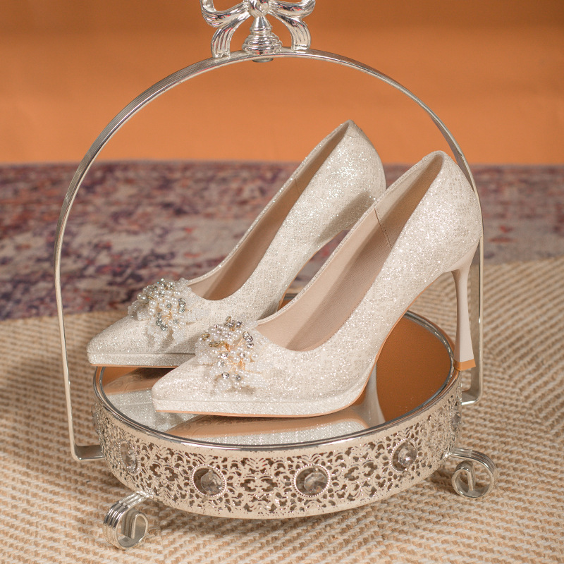 French-style champagne-colored shimmering waterproof platform high-heeled shoes for women, thick-soled, comfortable wedding shoes, pointed-toe stiletto pumps