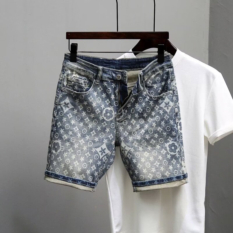 Men's Denim Shorts Summer New Style Personalized Printed Trendy Brand Five-Point Pants Korean Style Slim Fit Versatile Mid-Length Pants