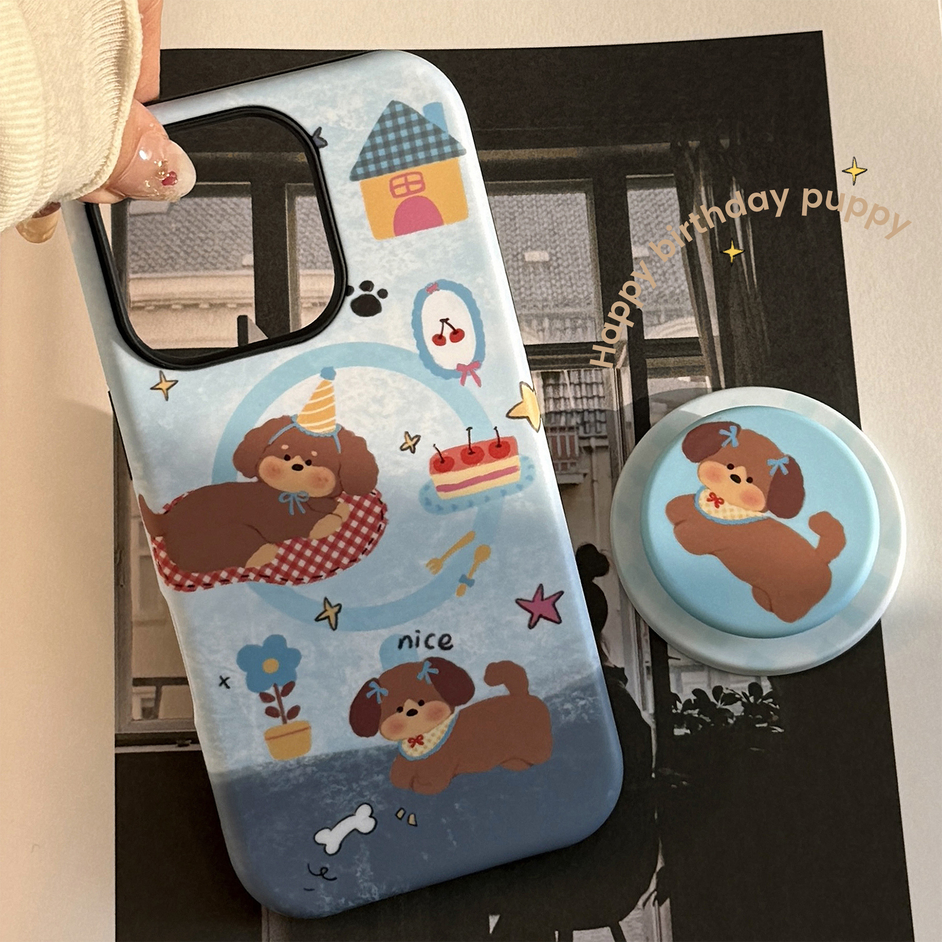 Custodia protettiva magnetica per iPhone 17 16 15 14 13 12 11 Pro Promax Plus Denim Blue Puppy Holder IPhone16 Phone Case Retro Film 17_voghion.com
