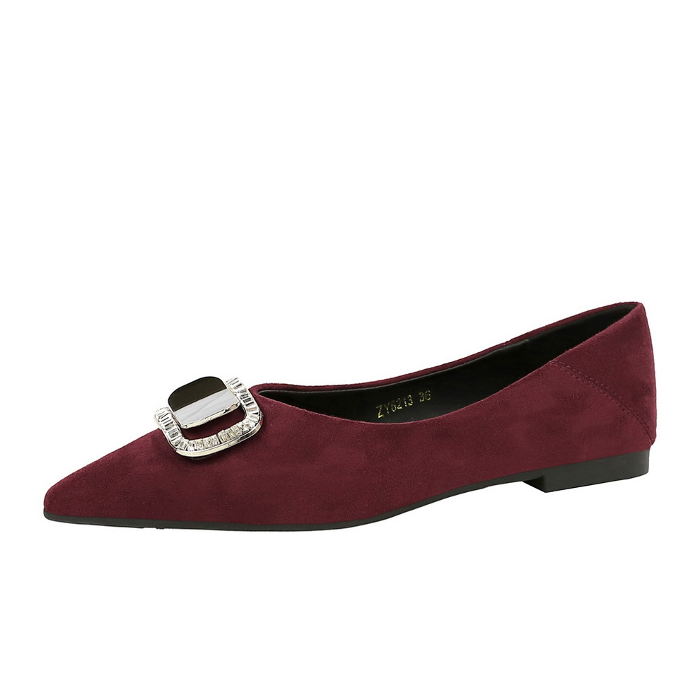 6213-K98 Wind metal buckle commuting flat shoes elegant pointed V-shaped mouth suede rhinestone flat shoes