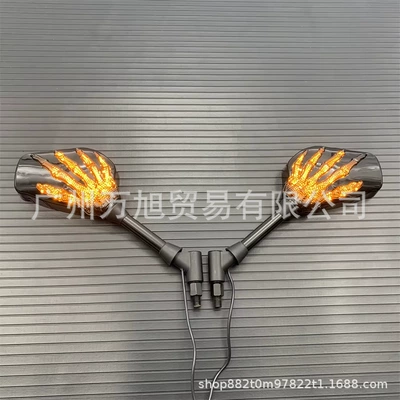 10mm Suitable for Yamaha, Suzuki, Kawasaki Motorcycle Skull Claw Rearview Mirror with Turn Signal (Motorcycle rearview mirror)