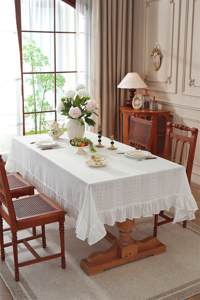White Embroidered Floral Cotton Tea Tablecloth With Ruffle Hem_voghion.com