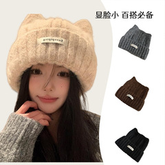 可爱猫耳朵针织毛线帽女秋冬季韩版显脸小帽子加厚保暖护耳包头帽
