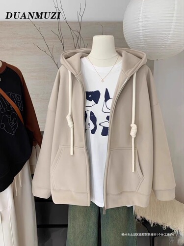 Melade Korean autumn and winter new style with thick velvet, lazy hooded hooded sweater loose cardigan zipper coat