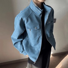 蓝色立领工装外套男款春季高级感美式复古pu皮短款飞行夹克棒球服