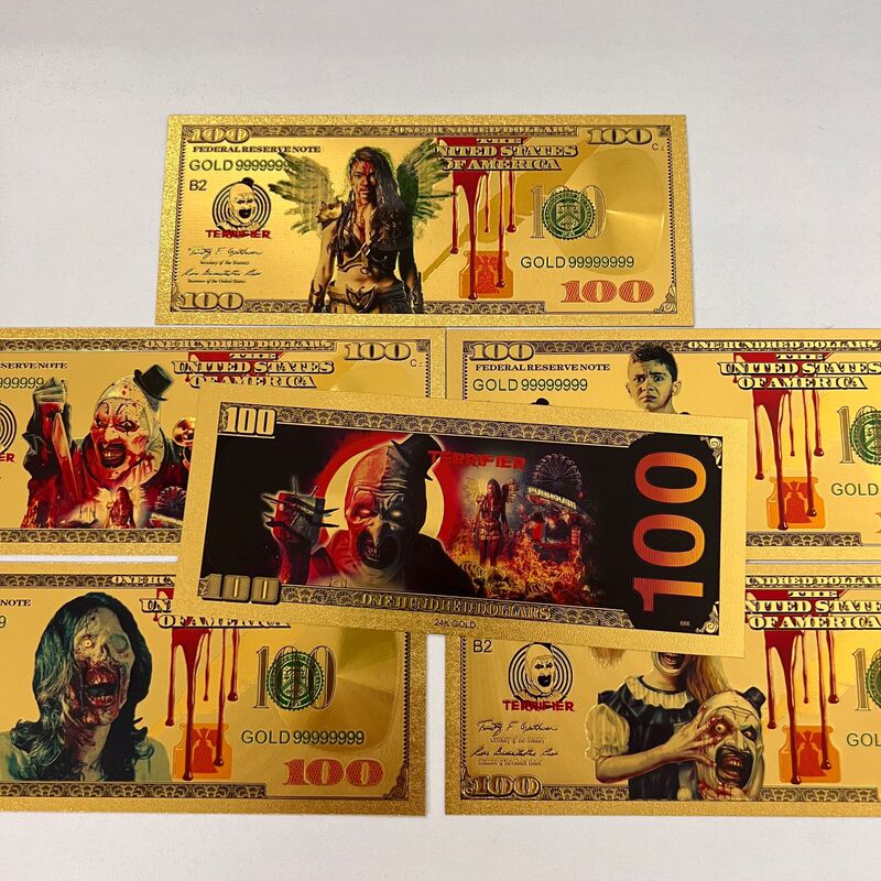 Five horror movie-themed "Joker" plastic gold foil cards, a creative collectible item, available for bulk orders from the factory Five horror movie-themed "Joker" plastic gold foil cards, a creative collectible item, available for bulk orders from the factory