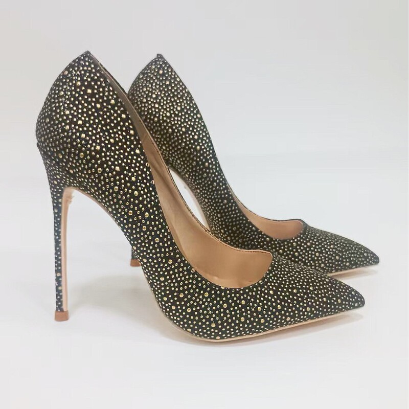 Black and Gold Three-Dimensional Polka Dot Pointed Shallow High Heels Large Size Stiletto Women's Shoes Fashion Runway