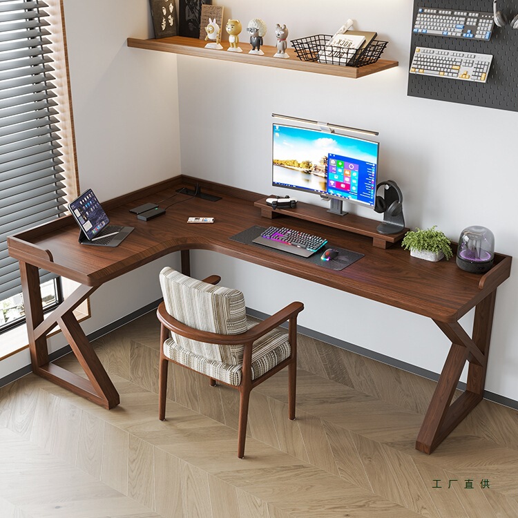 Solid Wood Corner Computer Desk with Baffle Home Desktop Office Corner Desk Corner Workbench L-Shaped Gaming Table