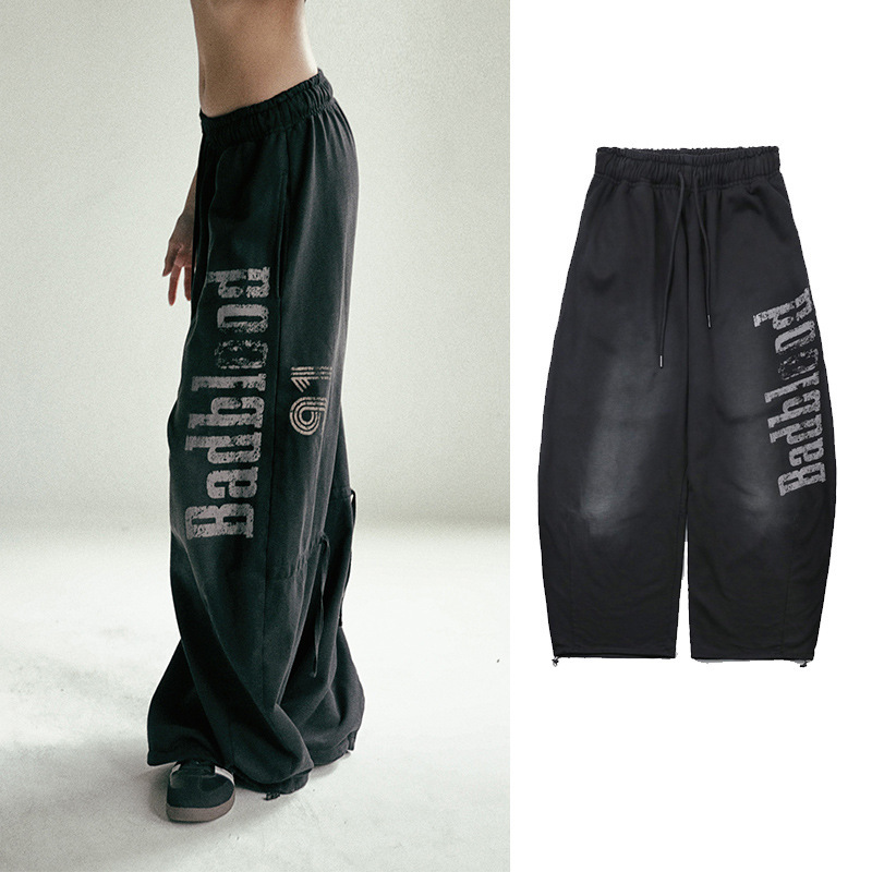 badblood Washed Old Black Sports Pants Women's Logo Printed Fried Color Heavy Craft Loose Casual Pants