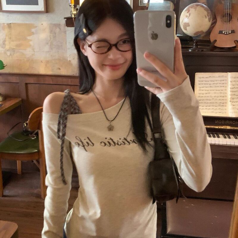 韩系花灰斜肩格子绑带内搭t恤女春秋字母印花新款修身长袖上衣ins|undefined