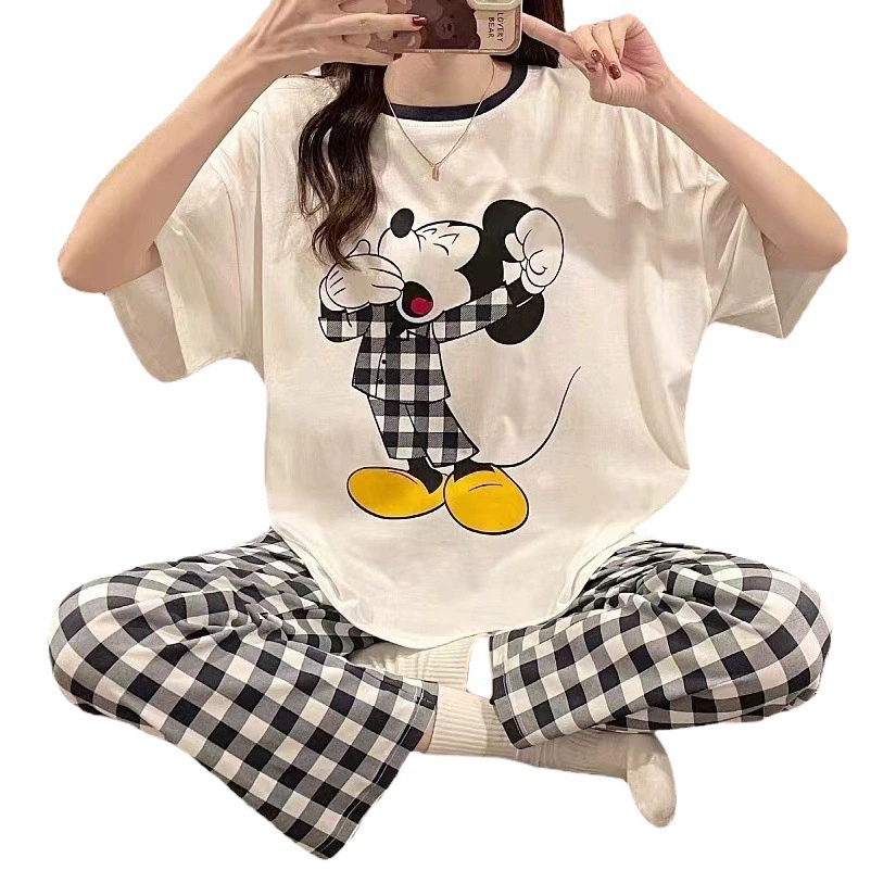 Пижама женская летняя с короткими рукавами корейская версия весны и осени милые брюки тонкие 2025 свободный набор домашней одежды большой размер мультфильм