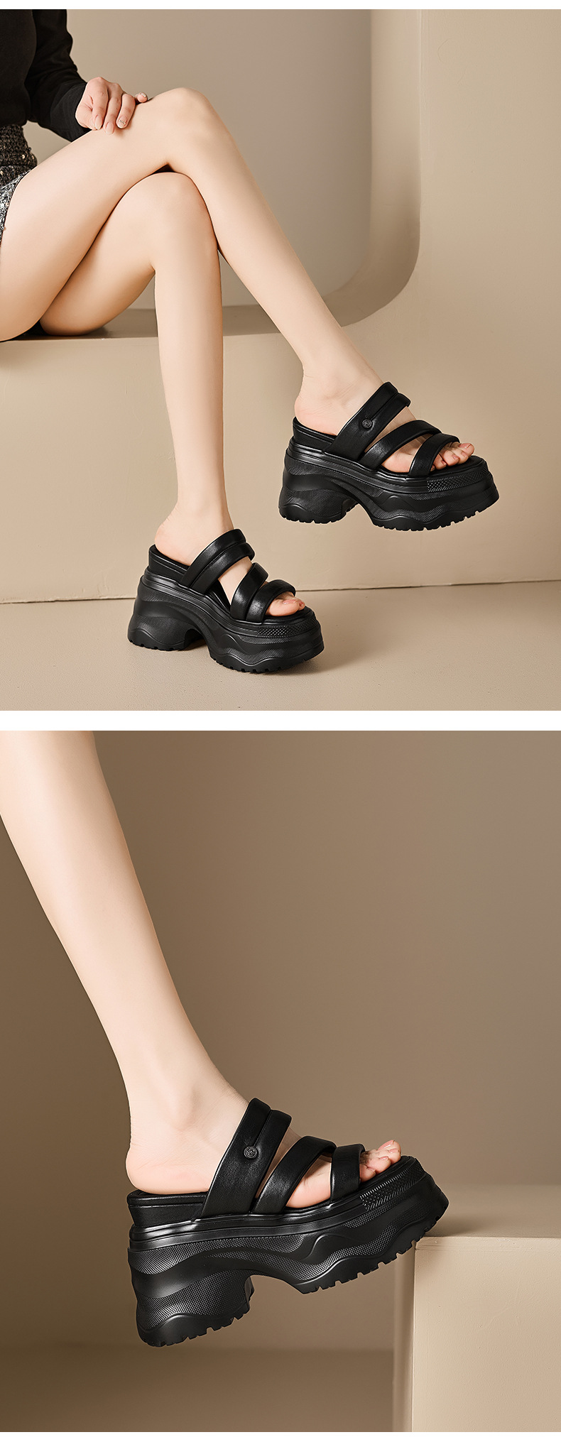 Dép sandal nữ quai chữ V đế dày da thật mùa hè, tăng chiều cao, xỏ ngón tiện lợi — màu đen, Trắng kem- chi tiết 8
