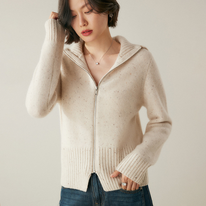 Autumn Breeze Fragrance Tea Cosplay Style ~ Colorful Dot Yarn 100% Pure Cashmere Zipper Knitted Cardigan Women's Turn-Down Collar Sweater Jacket