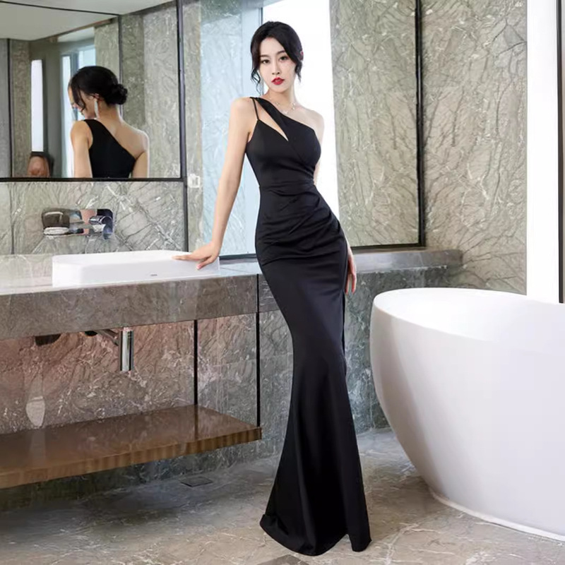 Evening Dress, Accessible Luxury, Niche Design, Elegant, Hip-covering, Slanted Shoulder, ktv Club, Jiali Long Skirt, Nightclub Work Clothes