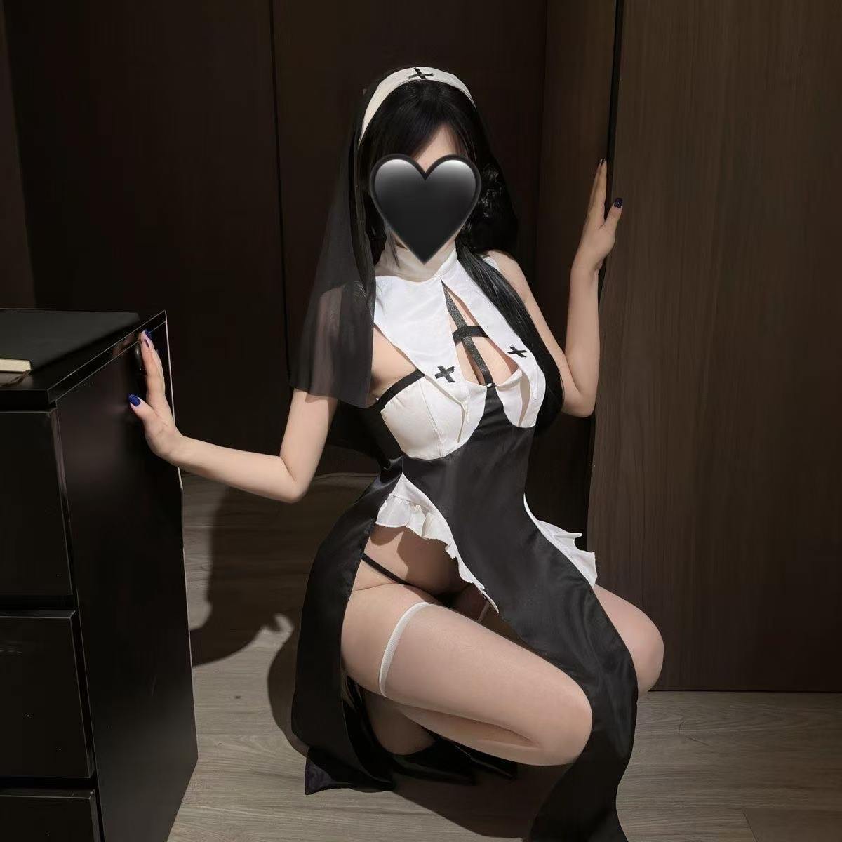 Dark Nun Halloween Cosplay Lingerie Set with White Bodystocking for Women — detail image 6