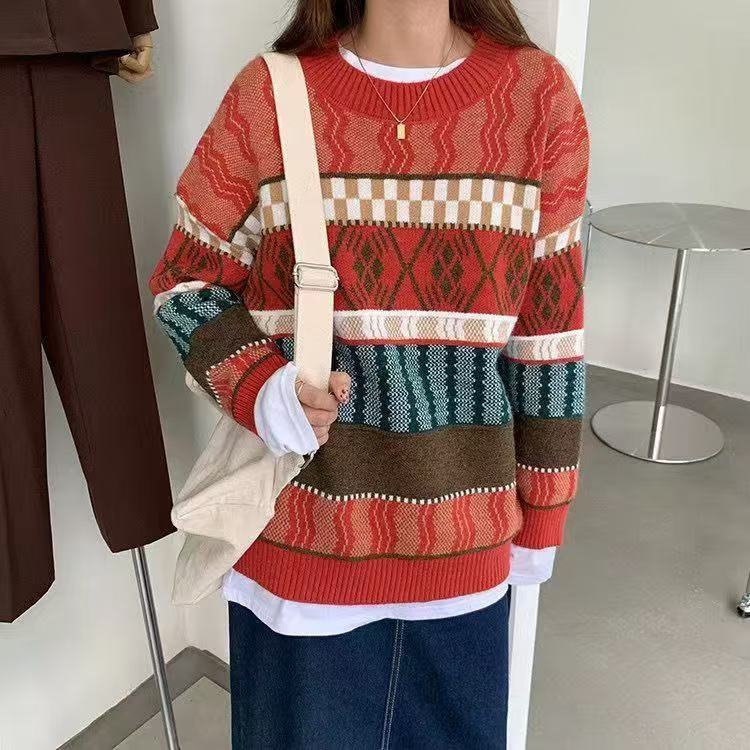 2025 New Autumn and Winter Knitted Knitwears, Loose Outer Wear, Retro Japanese Style Style, Lazy Style, Round Neck Pullover Knitwear for Women