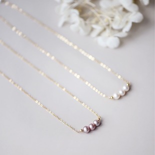 Simple Elegant Smile Natural Freshwater Pearl 14K Pack Gold Necklace ins Cyber Celebrity Clavicle Chain Pink Purple Three Bead Necklace