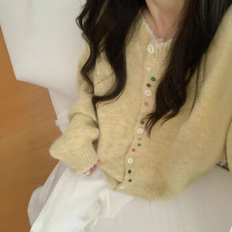 韩版彩扣撞色软糯百搭针织长袖开衫女秋冬新款宽松显瘦圆领毛衣潮|undefined