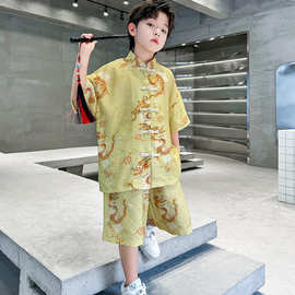 男童套装夏季汉服2024款儿童帅气卡通金龙盘扣国风两件套唐装童装