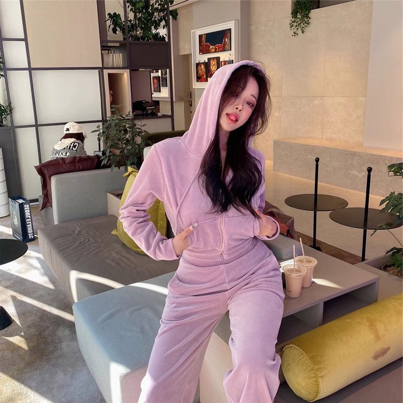 골든 벨벳 후드 지퍼 스웨터 세트 여성 가을 겨울 새로운 한국식 루즈 캐주얼 패션 여성 투피스 세트