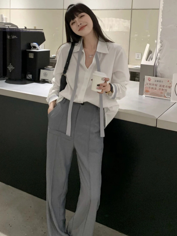 白色拼接polo领长袖衬衫秋女2025设计感小众宽松休闲百搭气质衬衣|undefined