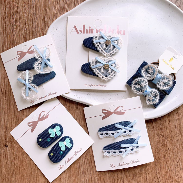 Children's lace butterfly knot edge denim craft hair clip for little girls, side fringe with scattered hair, BB clip set of 2 hairpins