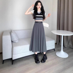 高品質の女性用ハイウエストAラインプリーツスカート、夏のファッション、多用途、2025年春の新作スリムミドル丈スカート