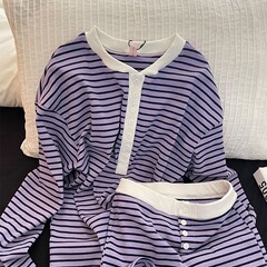 韩系简约紫色条纹长袖睡衣女春夏新款短裤套装大码柔软舒适家居服