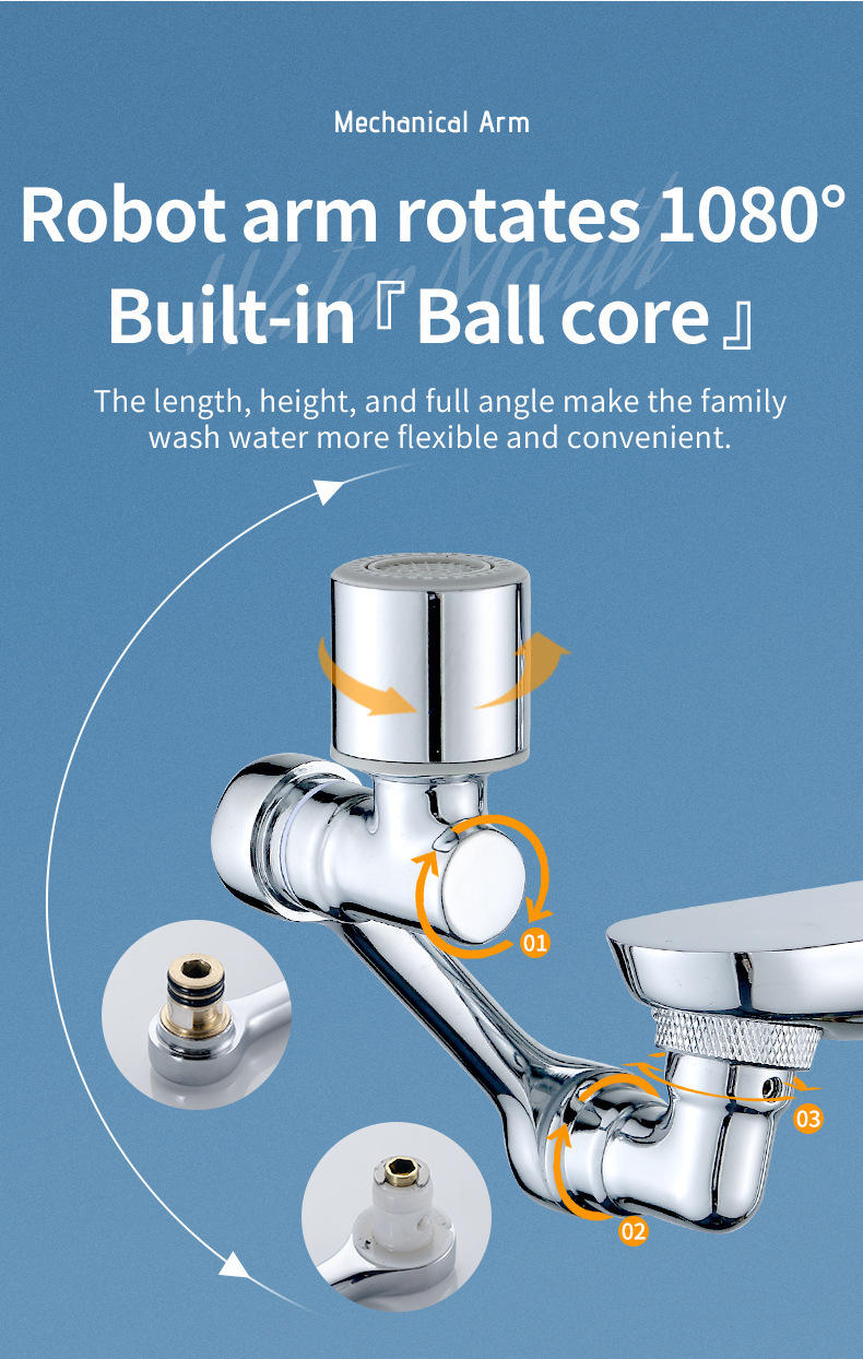 Household multi-functional universal rotating faucet, anti-base water wonder, washbasin mechanical arm, universal faucet extension device Specification drawing