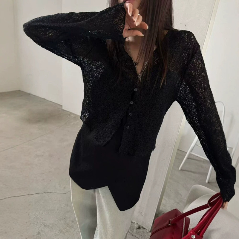 Wearable Hollow-Out Crochet Knit Cardigan, Korean Designer Women's Clothing, Gentle Style, Sun Protection, Korean-Style Top Wearable Hollow-Out Crochet Knit Cardigan, Korean Designer Women's Clothing, Gentle Style, Sun Protection, Korean-Style Top