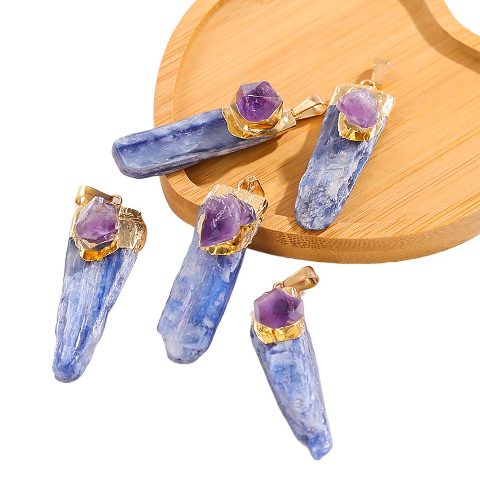 Cross-border Blue Crystal Strip Inlaid Amethyst Pendant Natural Crystal Irregular Long Necklace diy Jewelry Accessories Hanging Ornaments