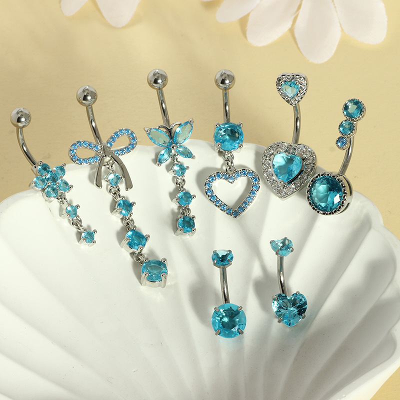 Stainless Steel Zircon Inlaid Heart Navel Ring 4 Colors 8 Piece Set Belly Button Piercing Jewelry detail image 5