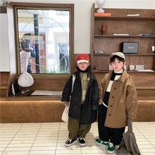 2023冬季新品韩版儿童加棉风衣外套男女童中长款翻领棉衣外套