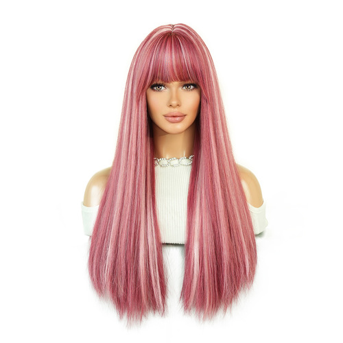 Wig for women with long straight hair pink highlights lolita natural full headgear Tik Tok Wigs independent website source
