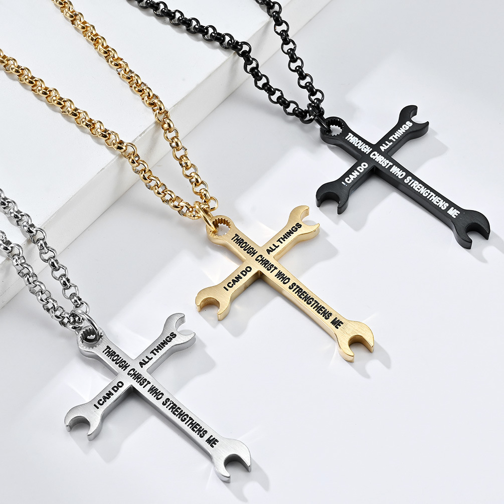 European and American cross-border non-titanium steel glossy wrench cross pendant men's necklace hip hop niche sweater chain jewelry