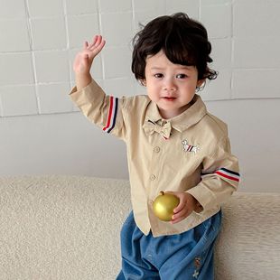 Children's Embroidered Shirt 2025 New Autum Preppy Style Boys' Korean Style Bow Tie Webbing Shirt Trendy Baby Autum Clothing