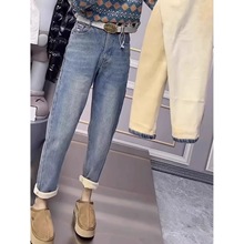 秋冬新款高腰弹力加厚哈伦牛仔裤女大码胖妹妹加绒显瘦萝卜老爹裤