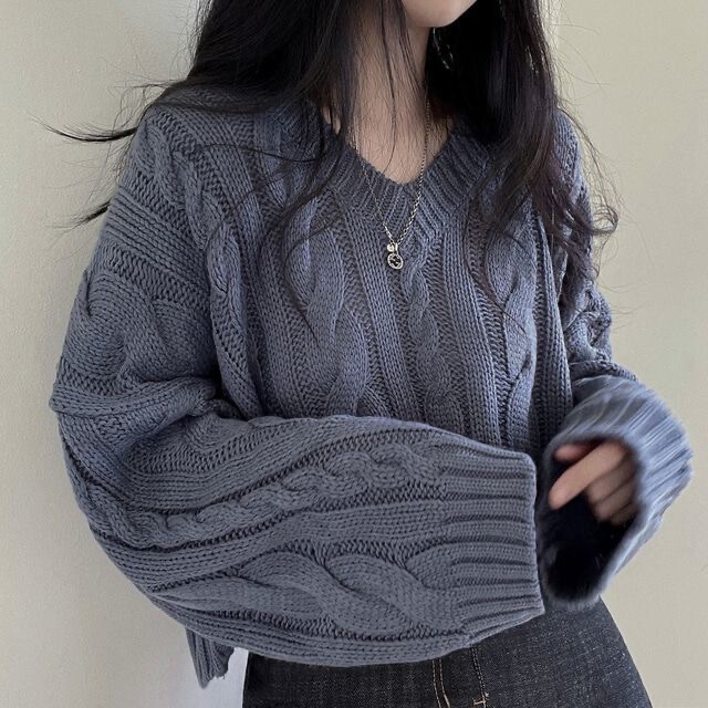 Chic Vintage Twist V-neck Pullover Long-sleeved Sweater Women's Autumn and Winter New Loose Short Lazy Style Knitted Top