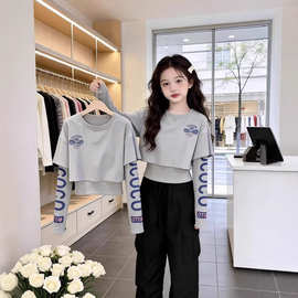 美式摩托车字母印花假两件女童2026早春时尚潮流街头风甜酷长袖潮